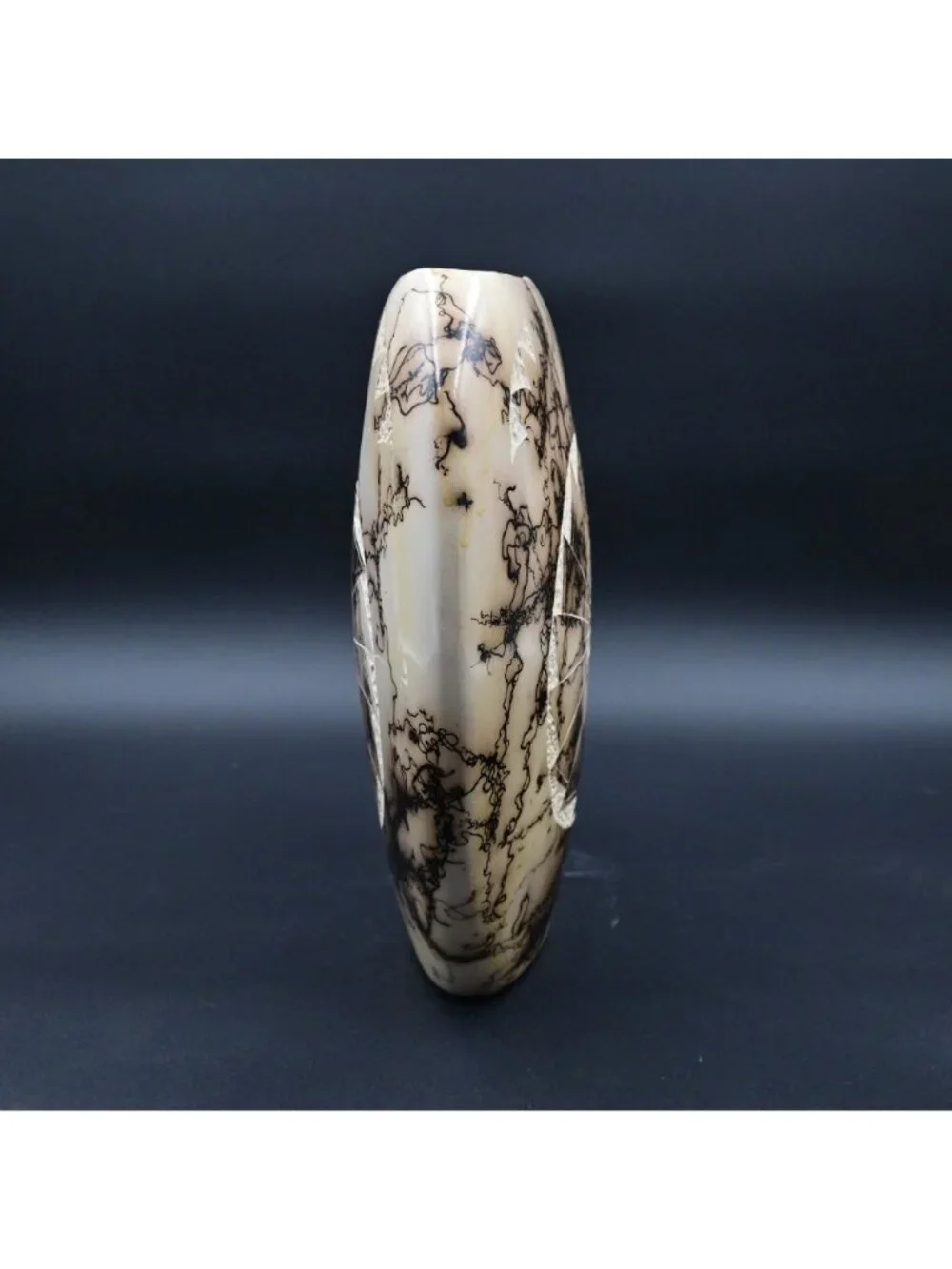Horse Hair Pottery Vase By T. Vail With Unique Abstract Design & Engraving